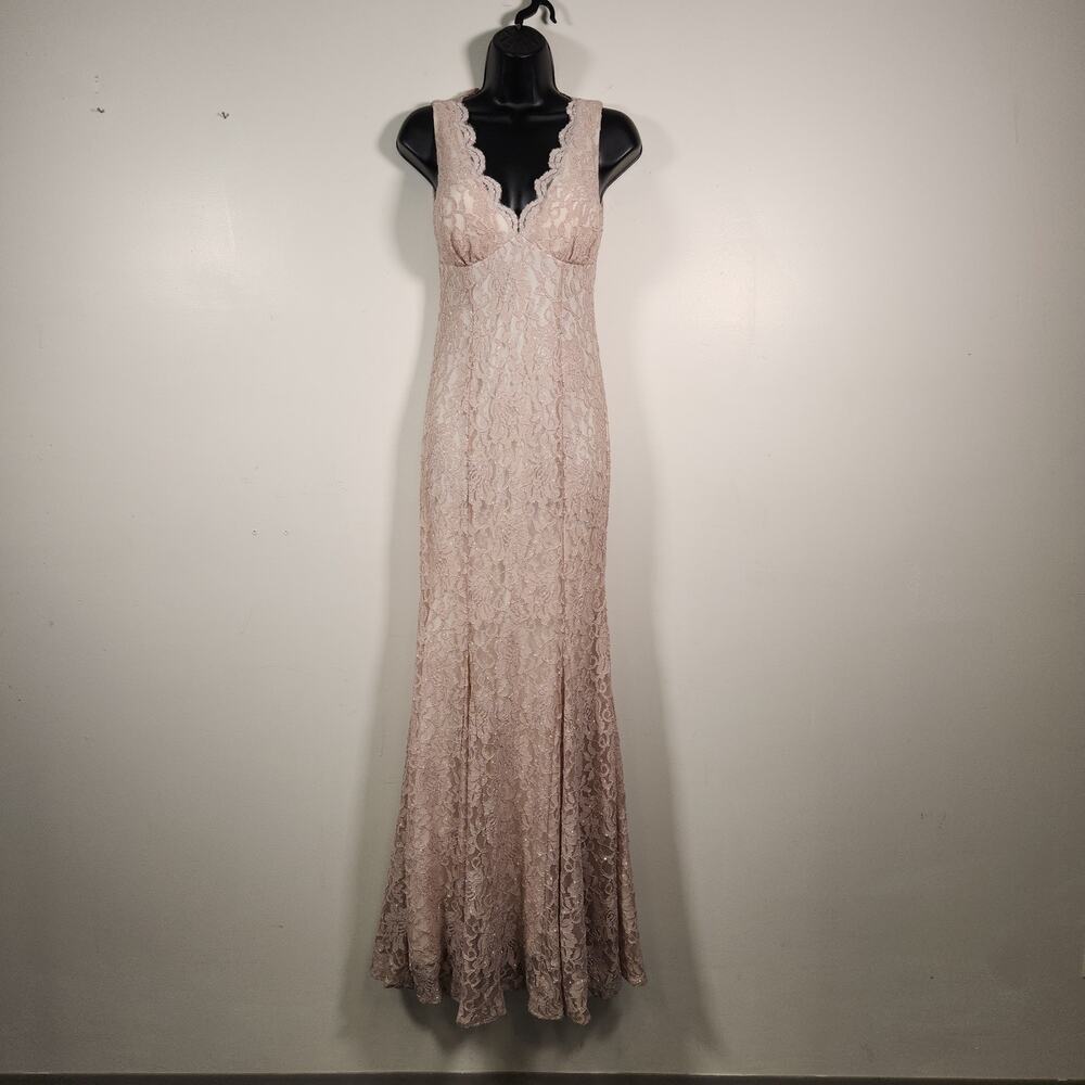 MORGAN & CO Scalloped Glitter Lace Mermaid Gown Junior 3 Nude Beige Floor Length
